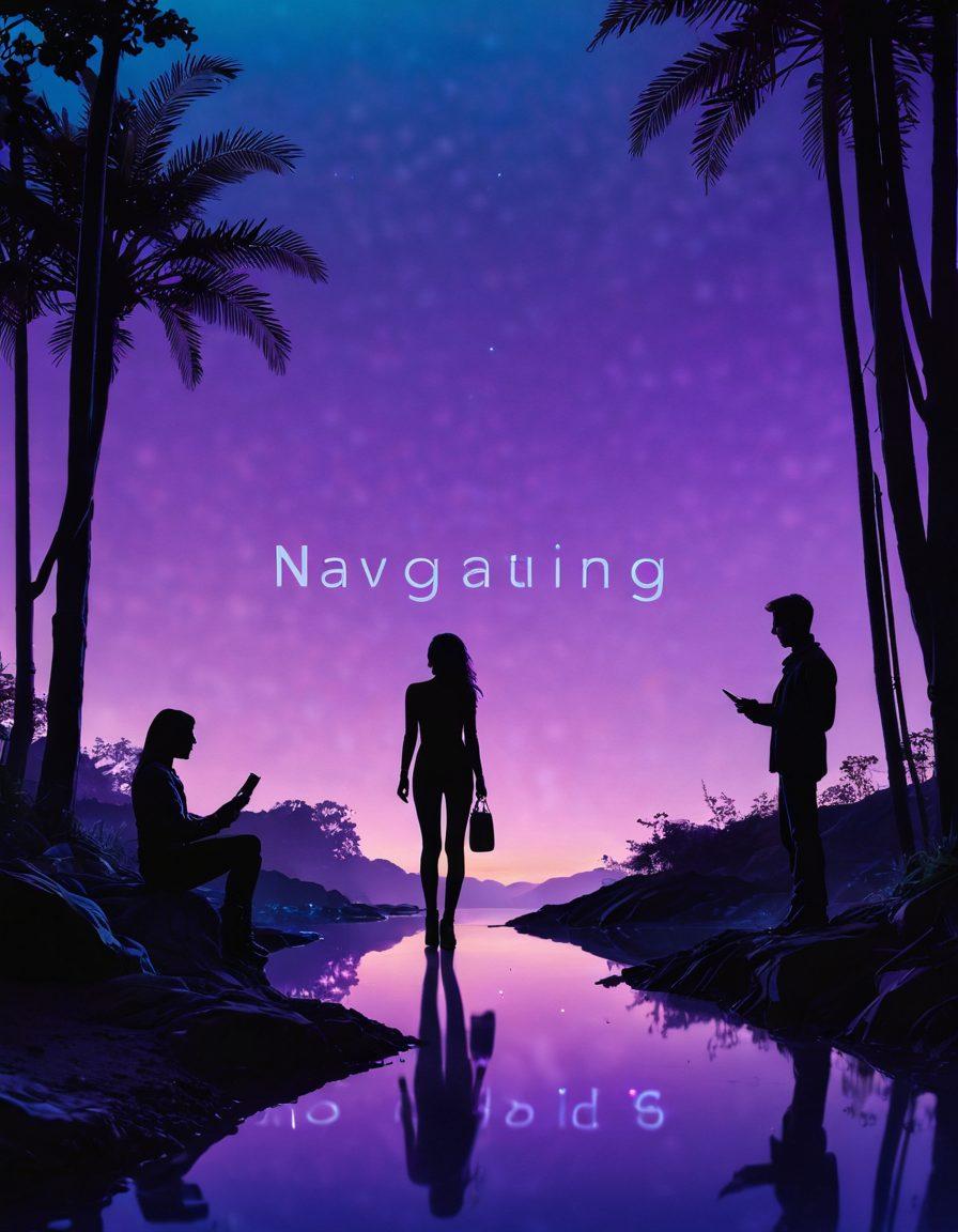 A sleek, modern digital landscape featuring sensual imagery subtly integrated with vibrant technology elements, such as glowing circuits and pixels that hint at eroticism. Silhouettes of diverse people engaging with devices depict a blend of intimacy and connection. The background is a gradient of deep purples and blues symbolizing the digital age, while soft light accents add warmth and allure. Bold typography overlaying the scene reads 'Navigating the Landscape', inviting exploration. super-realistic. vibrant colors. 3D.
